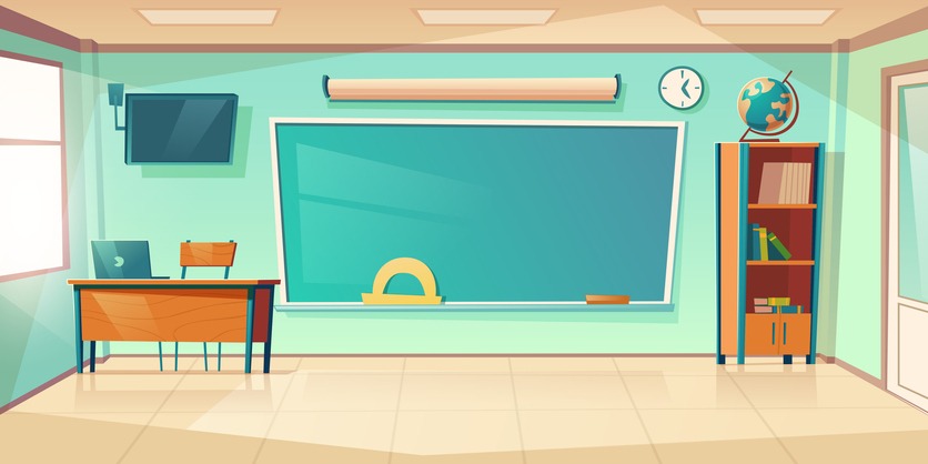 Empty classroom interior, school or college class with teacher table, laptop, green blackboard