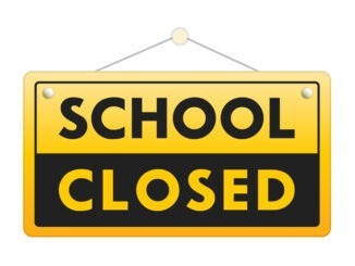 Yellow and black school closed sign.
