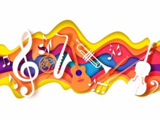 layered paper cut craft style music composition of saxophone guitar trumpet violin music instruments, notes on abstract color background.