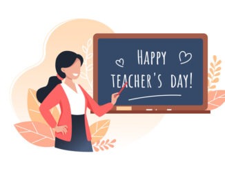 Happy teachers day, young woman teacher holds a pointer and stands near the school board