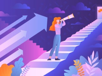 Motivation and inspiration concept. A girl with a telescope in her hands climbs the stairs