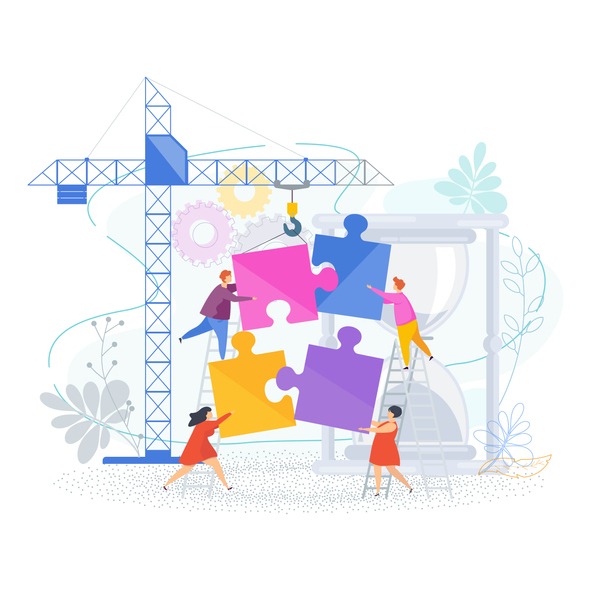 Small people connect puzzle pieces. Construction site with a tower crane. Teamwork, help and support framework