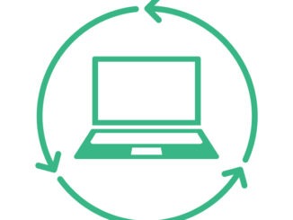 Electronic waste management. Personal computer buyback icon. Reusable materials. Sustainable technology