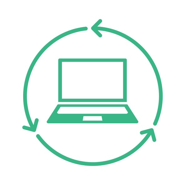 Electronic waste management. Personal computer buyback icon. Reusable materials. Sustainable technology