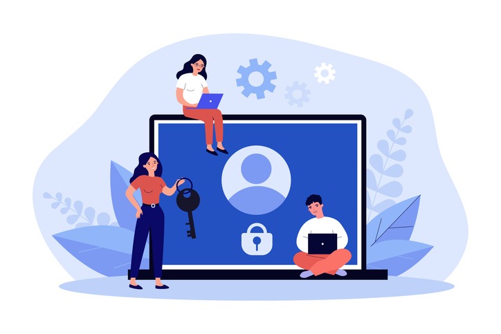 people with account under lock on laptop screen. Woman with key helping unblock profile flat vector illustration. Banned access, restriction concept for banner, website design or landing web page