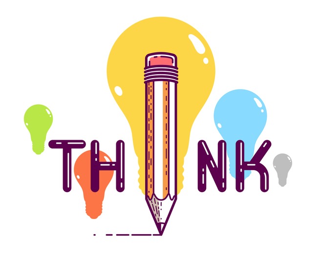 Think word with pencil instead of letter I, ideas and brainstorm concept, vector conceptual creative logo or poster made with special font.