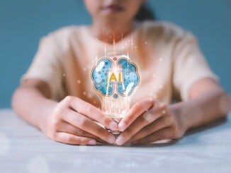 Girl holding light bulb with virtual Artificial Intelligence and virtual digital brain. AI Technology. Searching information data on internet networking, intelligence technology concept.