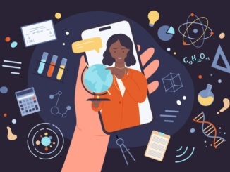 Cartoon hand holding mobile phone with female teacher, globe on screen, professor teaching science to student