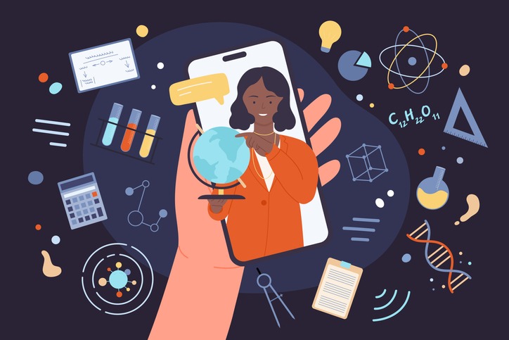 Cartoon hand holding mobile phone with female teacher, globe on screen, professor teaching science to student