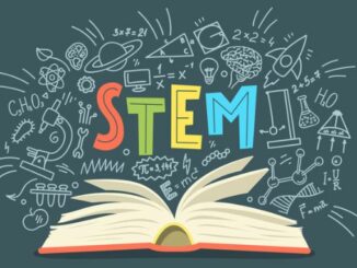 Stem in colored lettering with an open book and science drawings
