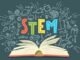 Stem in colored lettering with an open book and science drawings