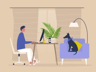 Young male character working from home, with his dog as a colleague