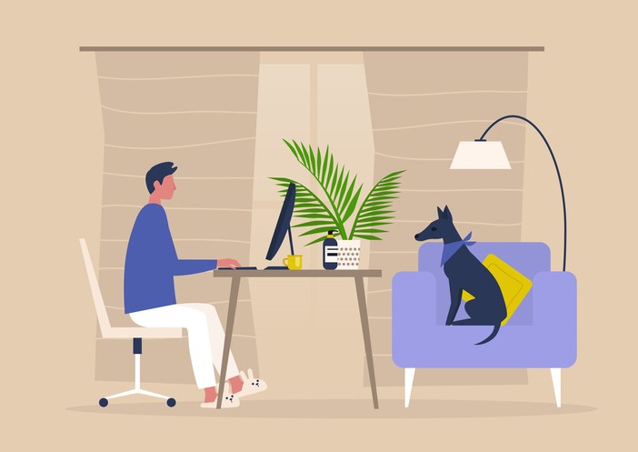 Young male character working from home, with his dog as a colleague