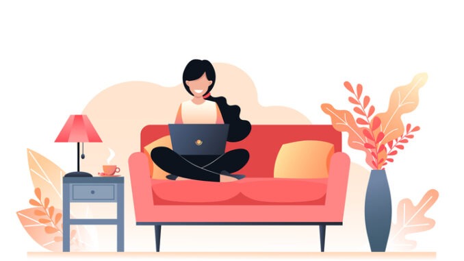 The girl is sitting on the couch and holding a laptop. Freelance and learning at home. Autumn interior room. Vector illustration