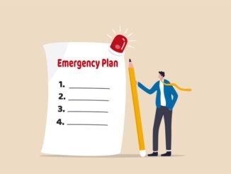 Business emergency plan, checklist to do when disaster happen to continue business and build resilience concept, smart businessman leader holding pencil with paper of emergency plan flashing siren.