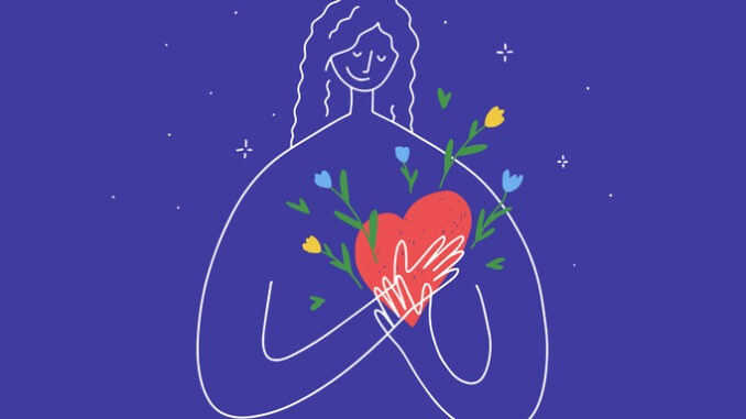 Cute woman put her hands holding blooming heart. Female silhouette vector illustration. Big heart with flowers. Love inside. Body care, self hugging. Mental health, charity, kindness, donation concept