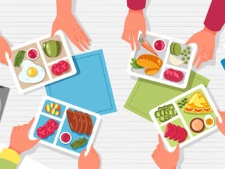 Hands with lunchbox. Arms holding containers with healthy food on table top view