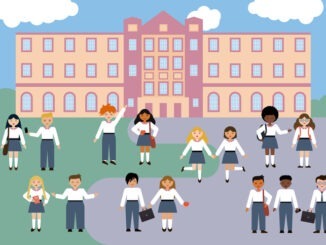 Multiracial group of students with school building in the background