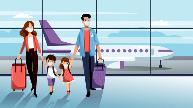 Family with two kids in medical protection masks in airport terminal. Vector illustration. Traveling by airplane during outbreak of coronavirus epidemic. Prevention of seasonal flu disease concept
