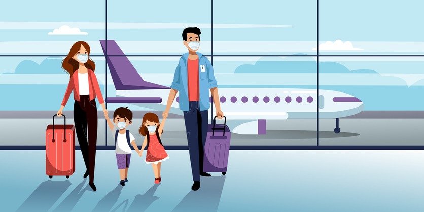 Family with two kids in medical protection masks in airport terminal. Vector illustration. Traveling by airplane during outbreak of coronavirus epidemic. Prevention of seasonal flu disease concept