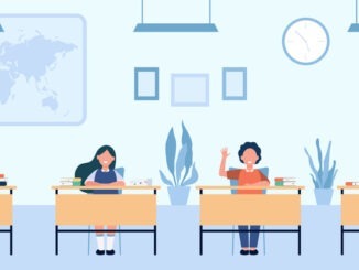 Happy pupils studying in classroom isolated flat vector illustration. Cartoon children characters sitting at tables in school lesson. Study, exam and interior clipart concept
