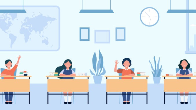 Happy pupils studying in classroom isolated flat vector illustration. Cartoon children characters sitting at tables in school lesson. Study, exam and interior clipart concept
