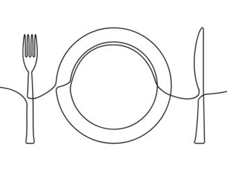 One continuous line illustration of plate, knife and fork.