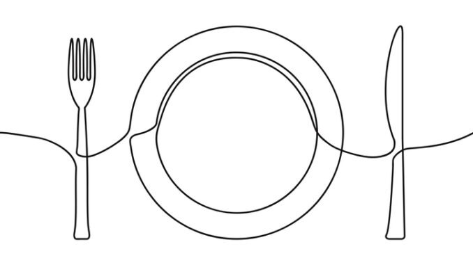 One continuous line illustration of plate, knife and fork.