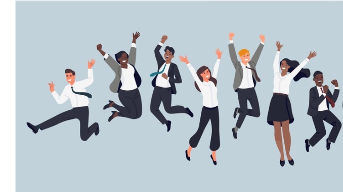 Group of happy employees jumping for joy