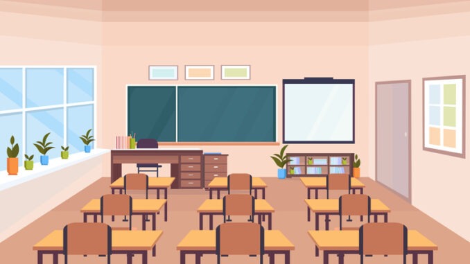 modern school classroom interior chalk board desks empty no people 