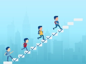 Progression from start to success in education. Vector of children students climbing up the ladder, steps with check marks to achieve the target.