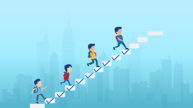 Progression from start to success in education. Vector of children students climbing up the ladder, steps with check marks to achieve the target.