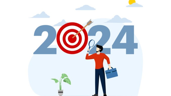 Magnifying Glass Choosing Business Targets or Goals in 2024. Planning and Setting Business Goals.