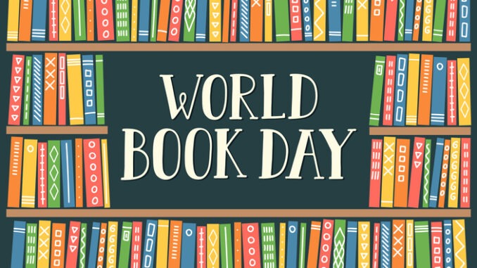 World book day. Bookshelves with hand drawn lettering.