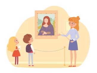 Children in art museum. Kids looking at painting with portrait in frame on wall vector illustration. School excursion scene with instructor guide teaching, boy and girl listening