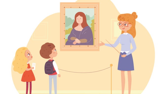 Children in art museum. Kids looking at painting with portrait in frame on wall vector illustration. School excursion scene with instructor guide teaching, boy and girl listening