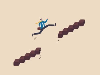 challenge and risk to success and win business competition concept, ambitious businessman jump pass broken stair gap to reach target.