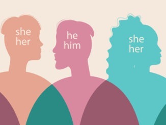 Non-binary people together as a community, Silhouette vector stock illustration with Text with gender pronouns, Non-binary person as part of society and Gender diversity concept