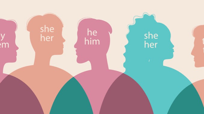 Non-binary people together as a community, Silhouette vector stock illustration with Text with gender pronouns, Non-binary person as part of society and Gender diversity concept
