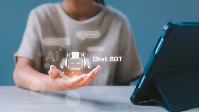 Virtual artificial intelligence digital AI chatbot communicate and interact helping business in hand. Robot application, conversation assistant, Futuristic technology transformation.