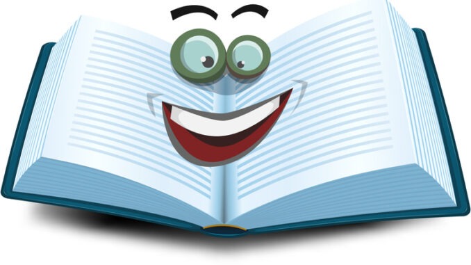 illustration of a cartoon opened book character icon with funny eyes glasses