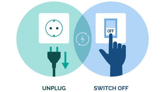 Saving energy tips: unplug appliances when not in use and switch off lights