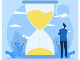 Business time concept, Bearded businessman standing and looking at hourglass while time flies. Patience, delay and tolerance