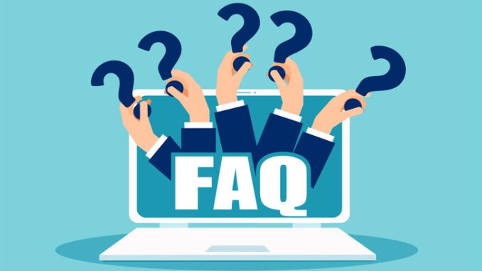 FAQ banner. Computer with hands holding question 