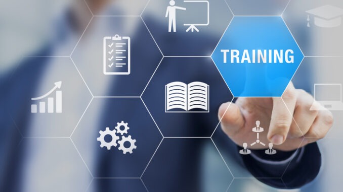 Training and skill development concept with icons of online course, conference, seminar, webinar, e-learning, coaching. Grow knowledge and abilities.