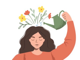 Thinking positive as a mindset. Woman watering plants that symbolize happy thoughts.