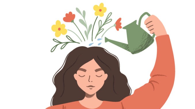 Thinking positive as a mindset. Woman watering plants that symbolize happy thoughts.