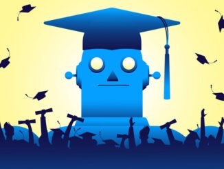 Giant robot in graduation cap and crowd