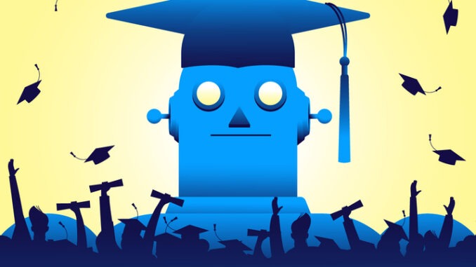 Giant robot in graduation cap and crowd 