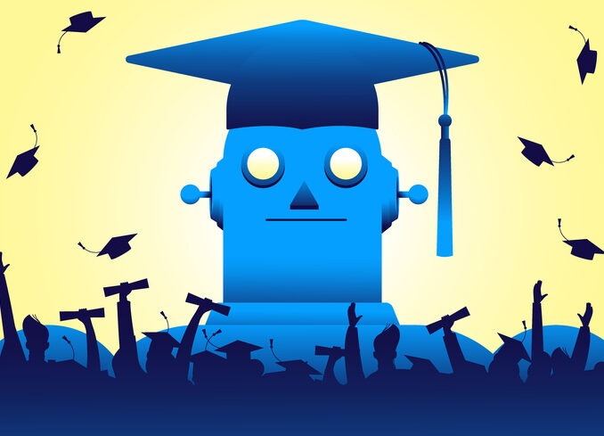 Giant robot in graduation cap and crowd